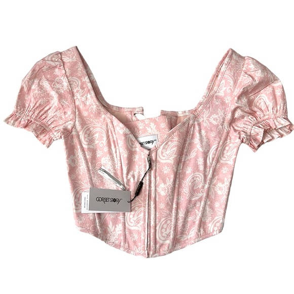 Corset Story Tops - Corset Story Pink English Rose Corset Cottagecore Coquette Lace Up Crop Bustier
